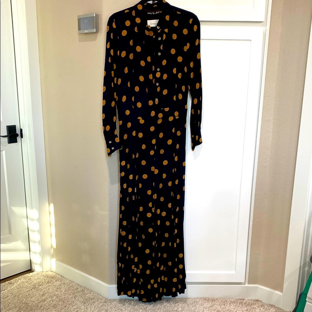 Anthropologie pants jumpsuit, black and tan polka dot